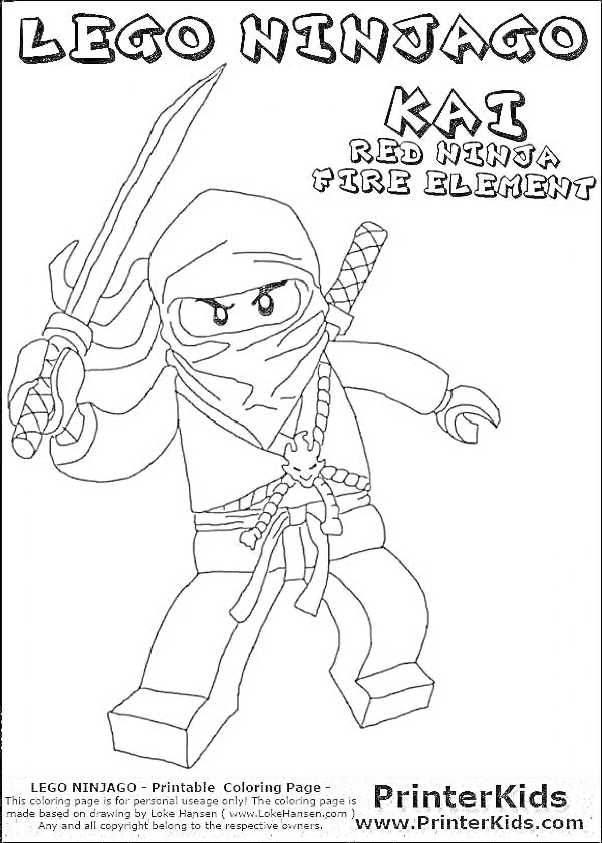 Раскраска Раскраска Лего Ниндзяго Кай с мечом, поясом и платком, с надписями