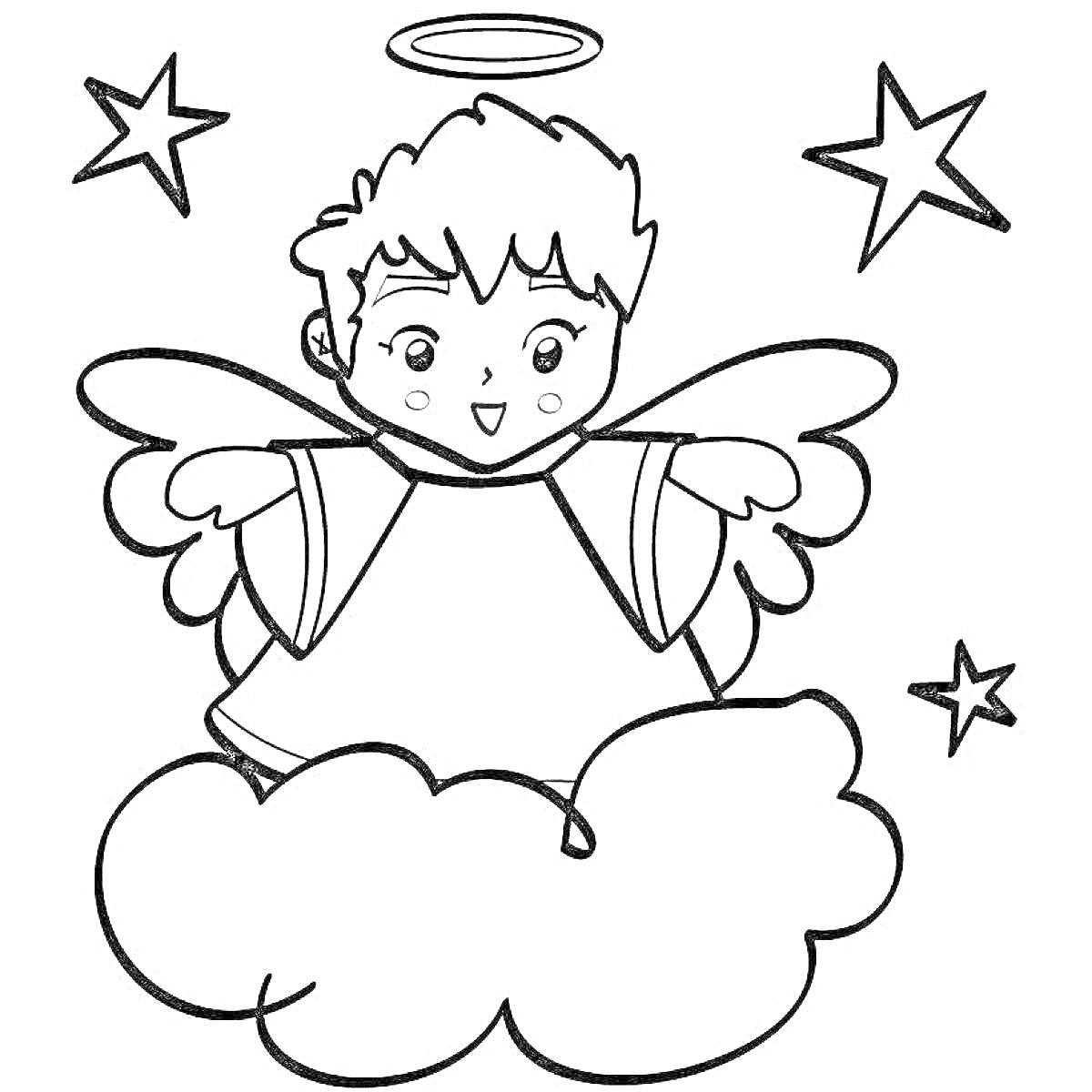 На раскраске изображено: Ангел, Нимб, Звезды, Крылья, Искусство, Для детей, Облака