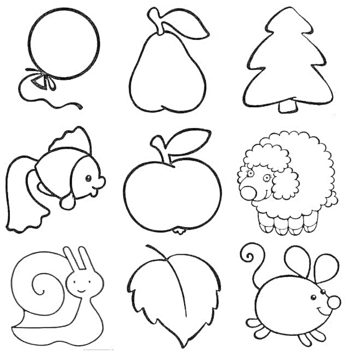 Раскраска Воздушный шарик, груша, ёлка, рыбка, яблоко, овечка, улитка, листок, мышка