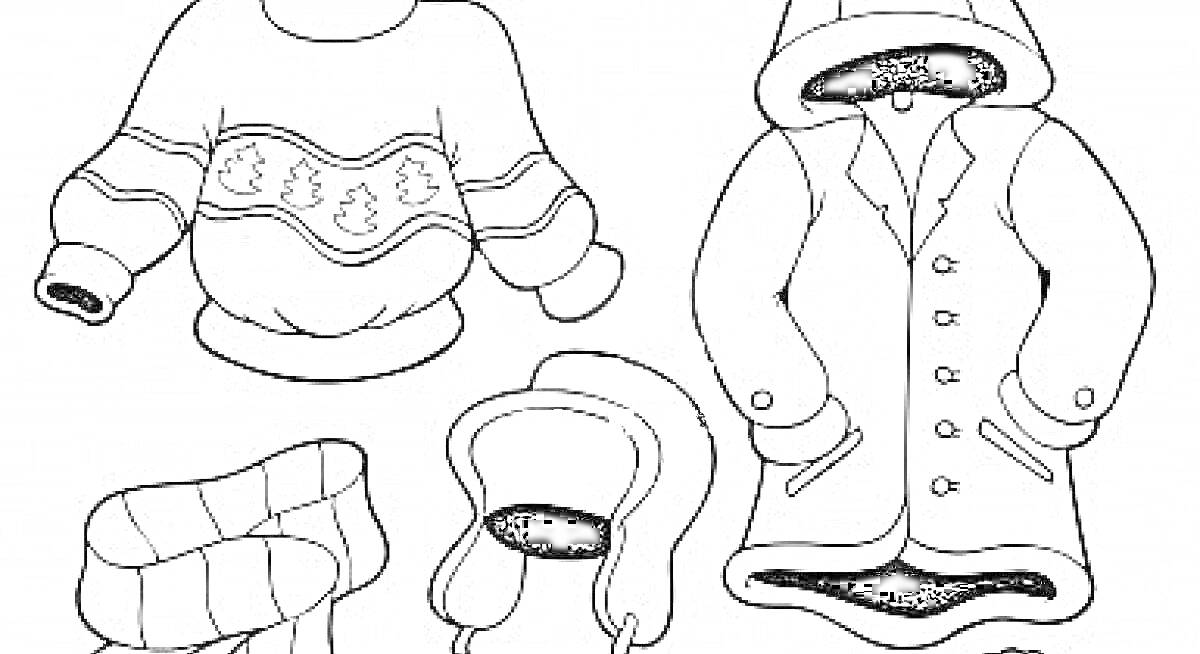 На раскраске изображено: Свитер, Пальто, Капюшон, Шарф, Зимняя шапка, Одежда, Зима, 3 года, 4 года, Одежда для детей