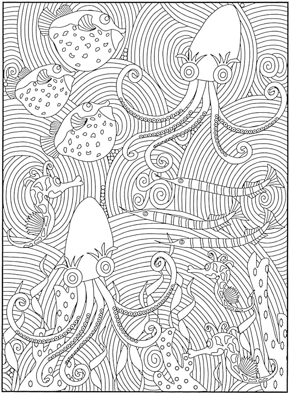На раскраске изображено: Антистресс, Подводный мир, Осьминоги, Морская жизнь, Рыба, Для взрослых