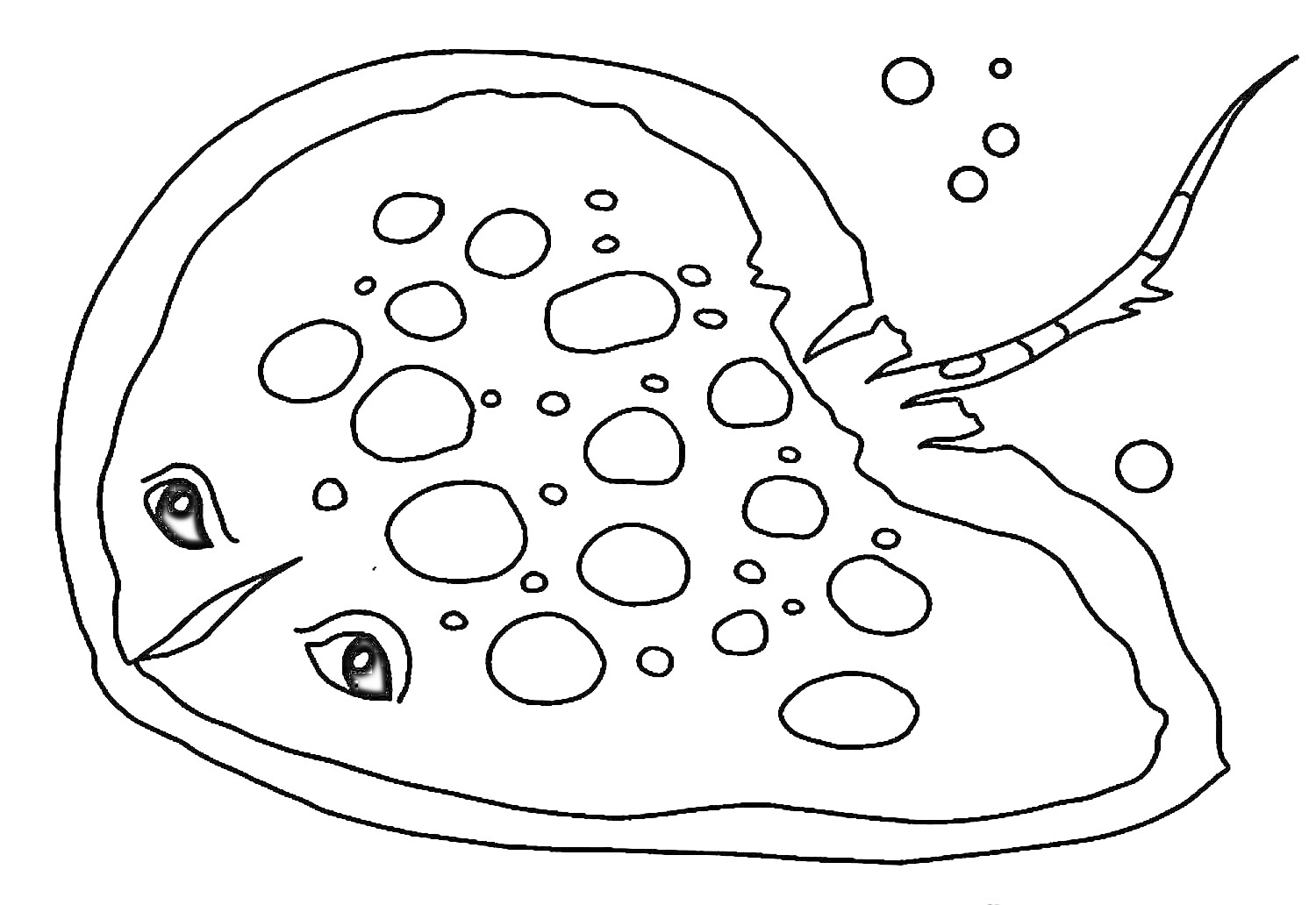 На раскраске изображено: Скат, Глаза, Хвост, Пузыри, Пятна, Морские животные