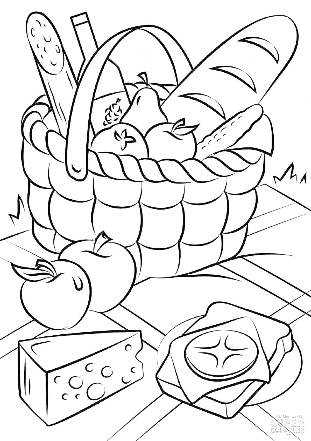 Раскраска Пикник с продуктами в корзине, включая хлеб, бутылку, яблоки, сыр, сендвич и багет