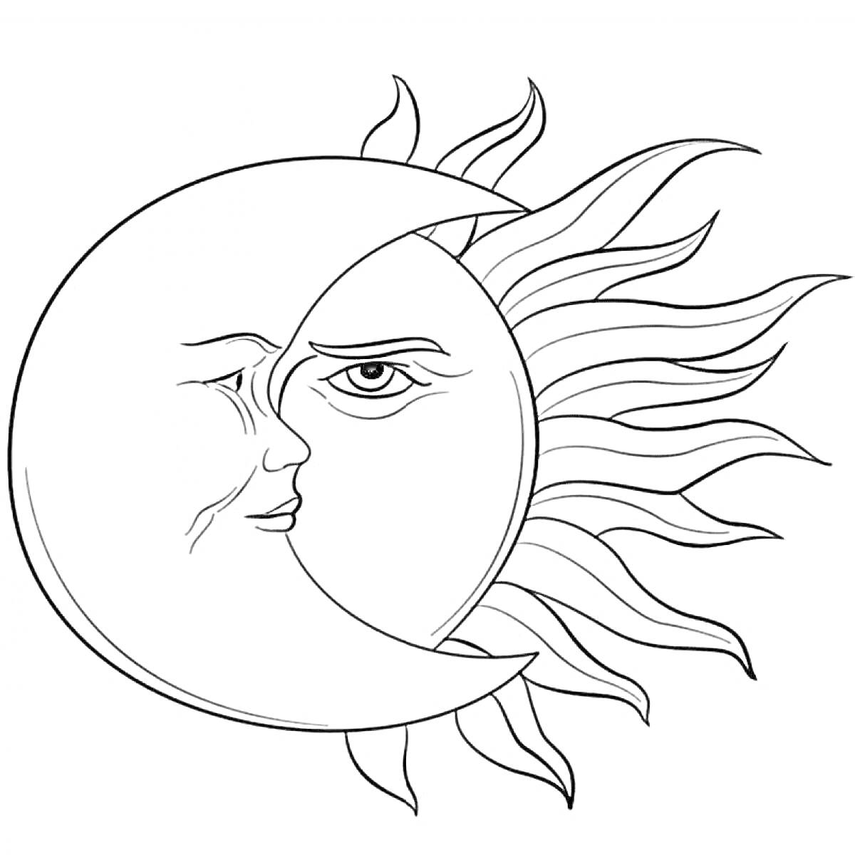 На раскраске изображено: Солнце, Луна, Космос, Астрономия, Линии, Лицо, Контурные рисунки