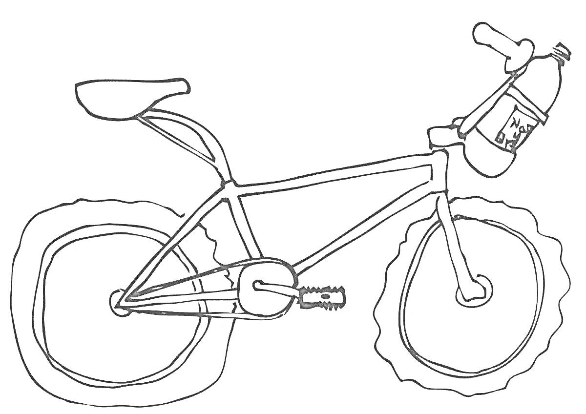 На раскраске изображено: BMX, Велосипед, Бутылка воды, Экстремальный спорт, Рама, Педали, Руль, Спортивное снаряжение