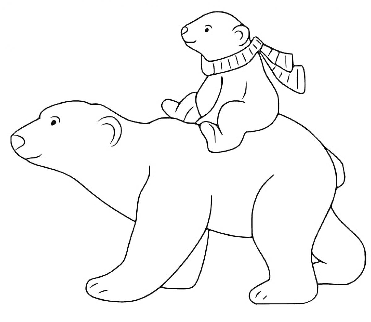 Раскраска Белый медведь с медвежонком в шарфике сидящим на его спине