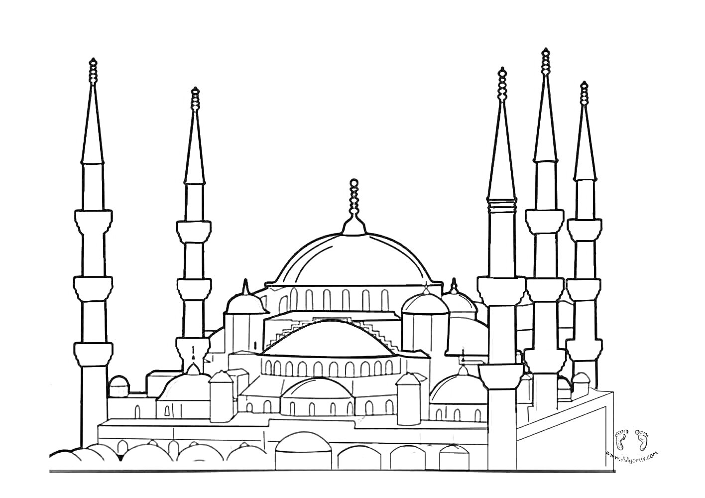 Раскраска Мечеть с минаретами и куполами