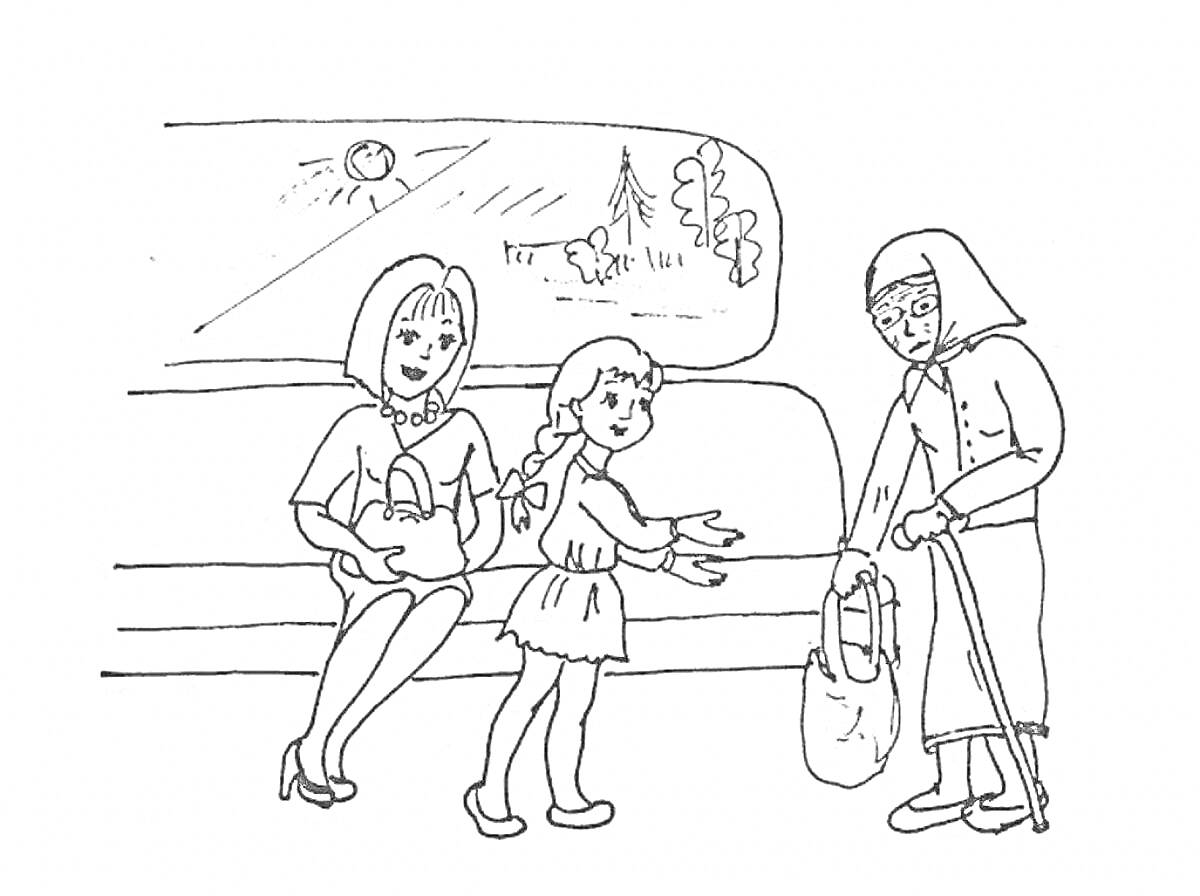 На раскраске изображено: Этикет, Автобус, Пожилая женщина, Девочка, Женщина, Вежливость, Общественный транспорт