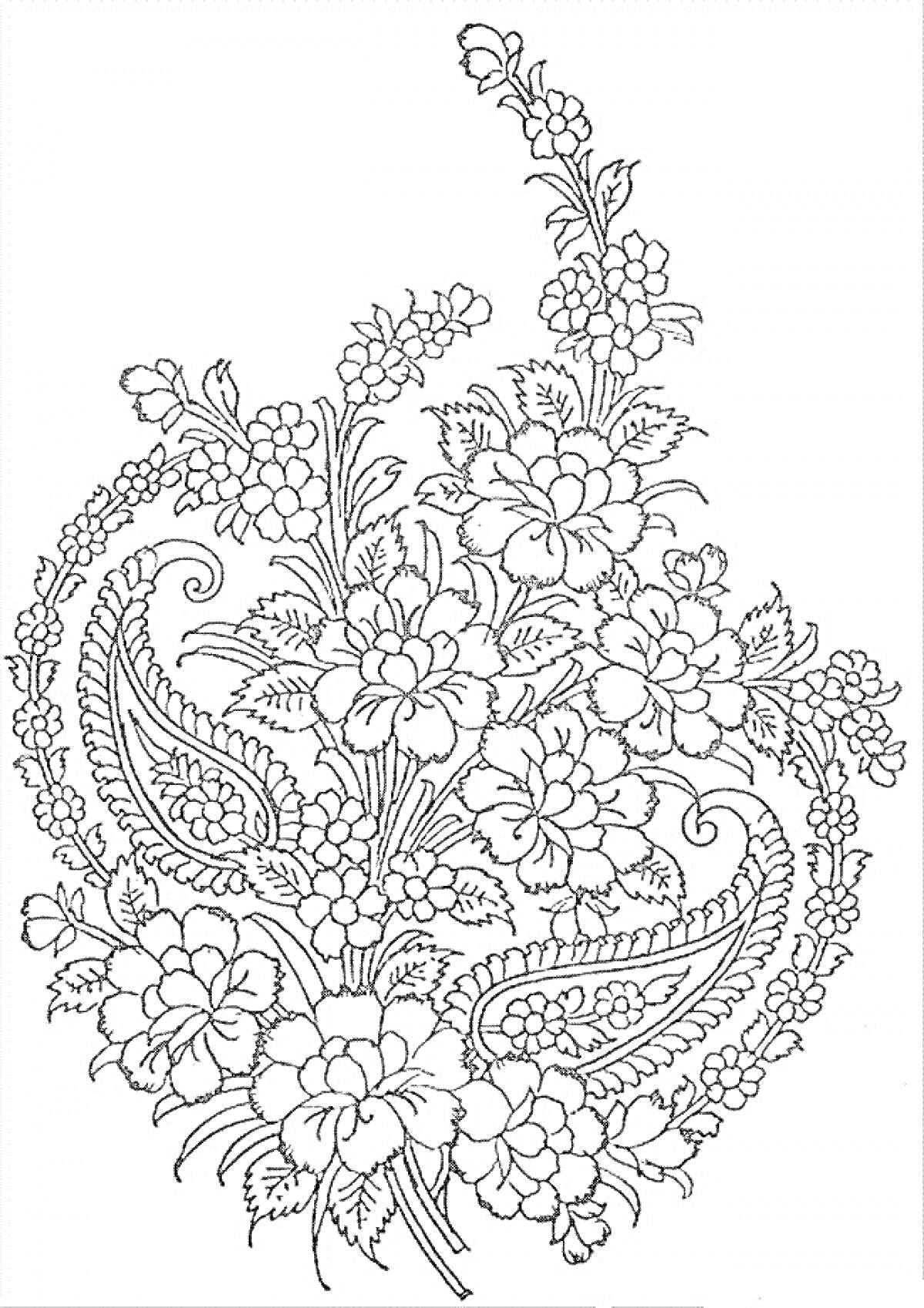 Раскраска Цветочный узор с мелкими цветами и листочками