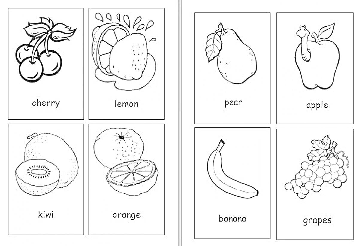 На раскраске изображено: Фрукты, Вишня, Лимон, Яблоко, Киви, Апельсин, Банан, Виноград, Карточки, Обучение