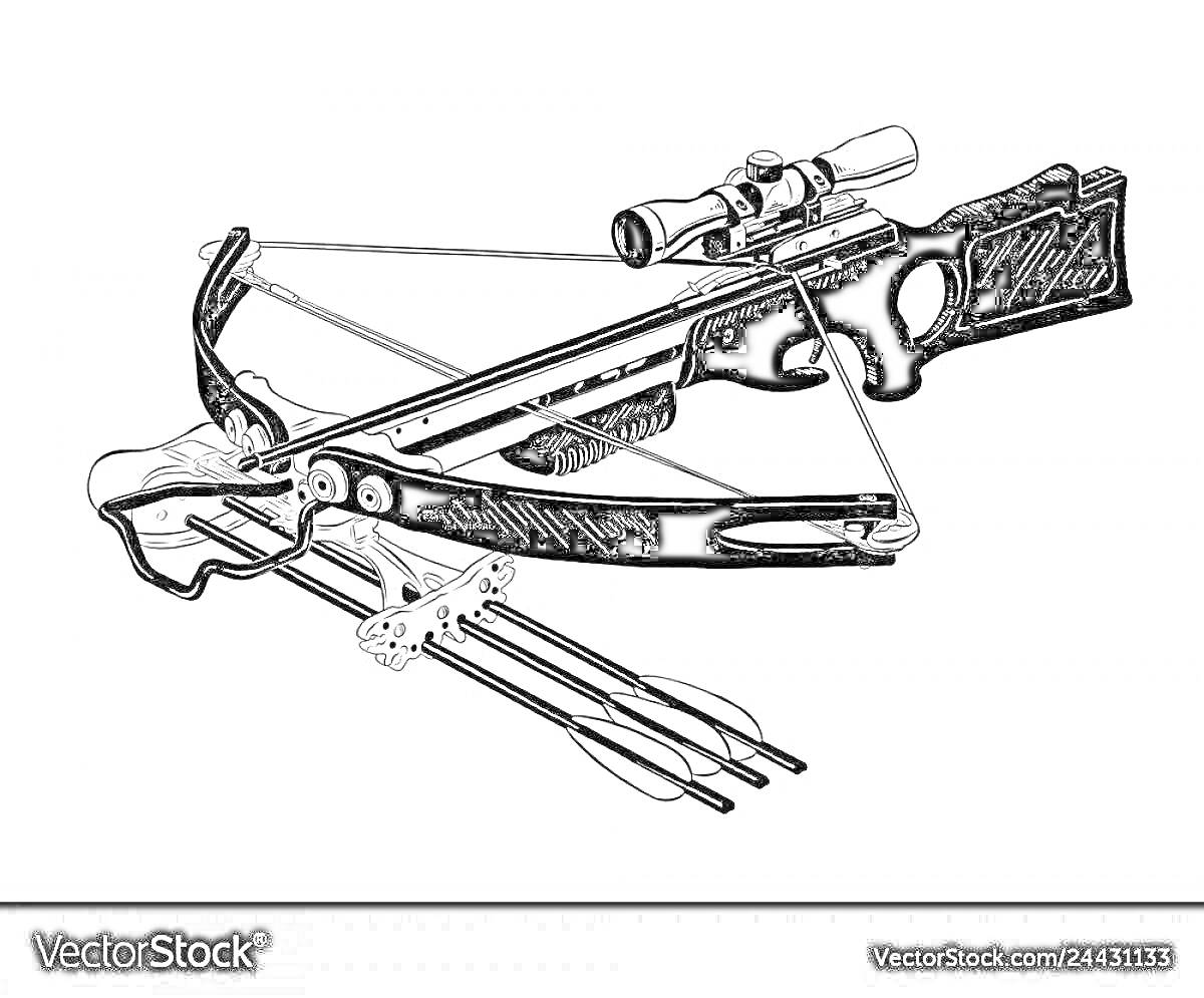 Раскраска Арбалет с установленным прицелом и стрелами