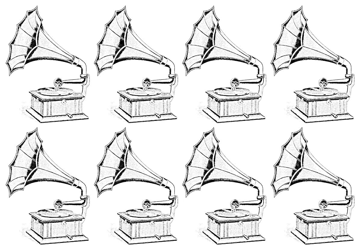 Граммофоны с трубой, расположенные в 4 ряда по 2