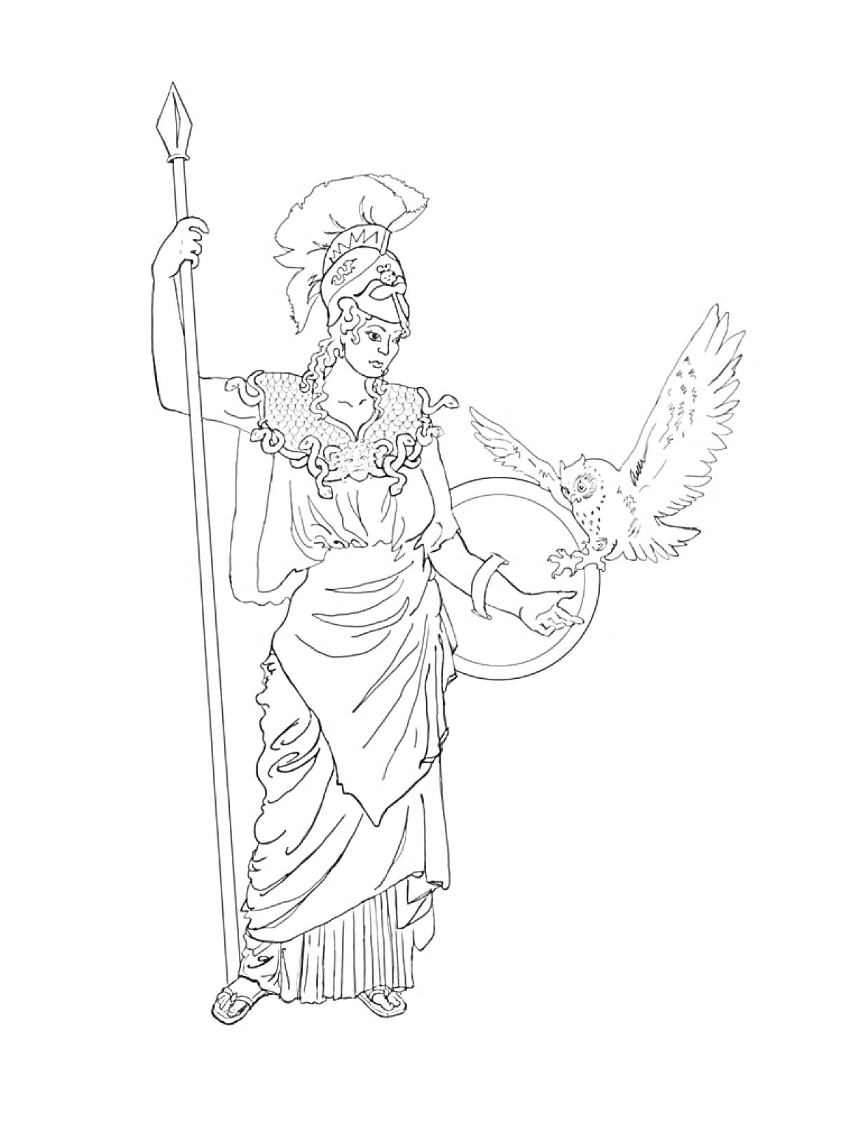 Раскраска Богиня с шлемом, копьем и совой на руке, в классическом греческом одеянии