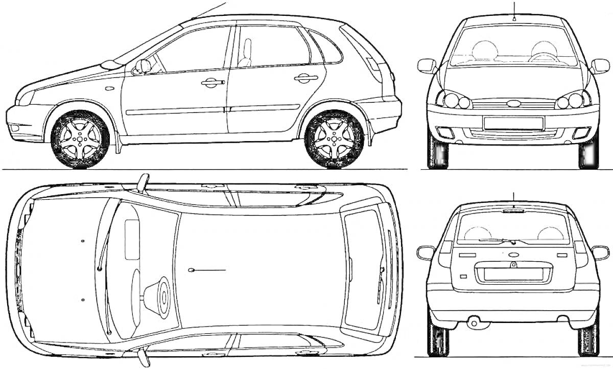 Раскраска Чертеж автомобиля Лада Калина с видами сбоку, спереди, сзади и сверху