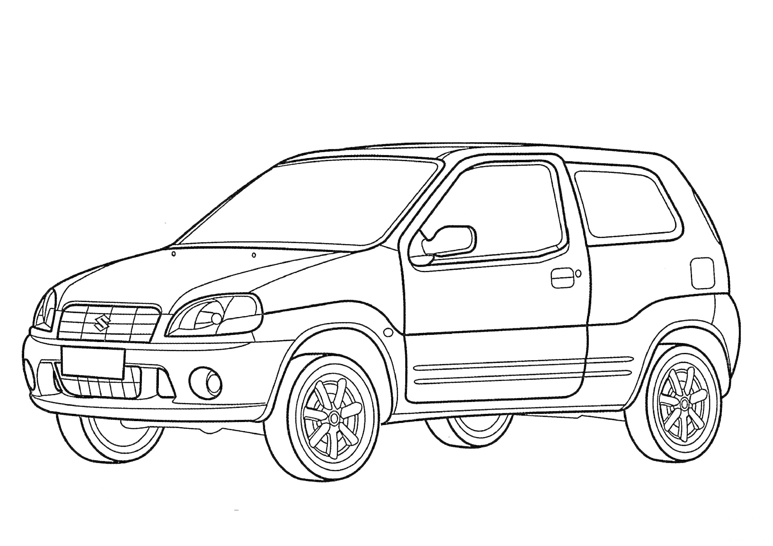 Автомобиль Suzuki с четырьмя колёсами, фарами, боковыми зеркалами и ручками дверей