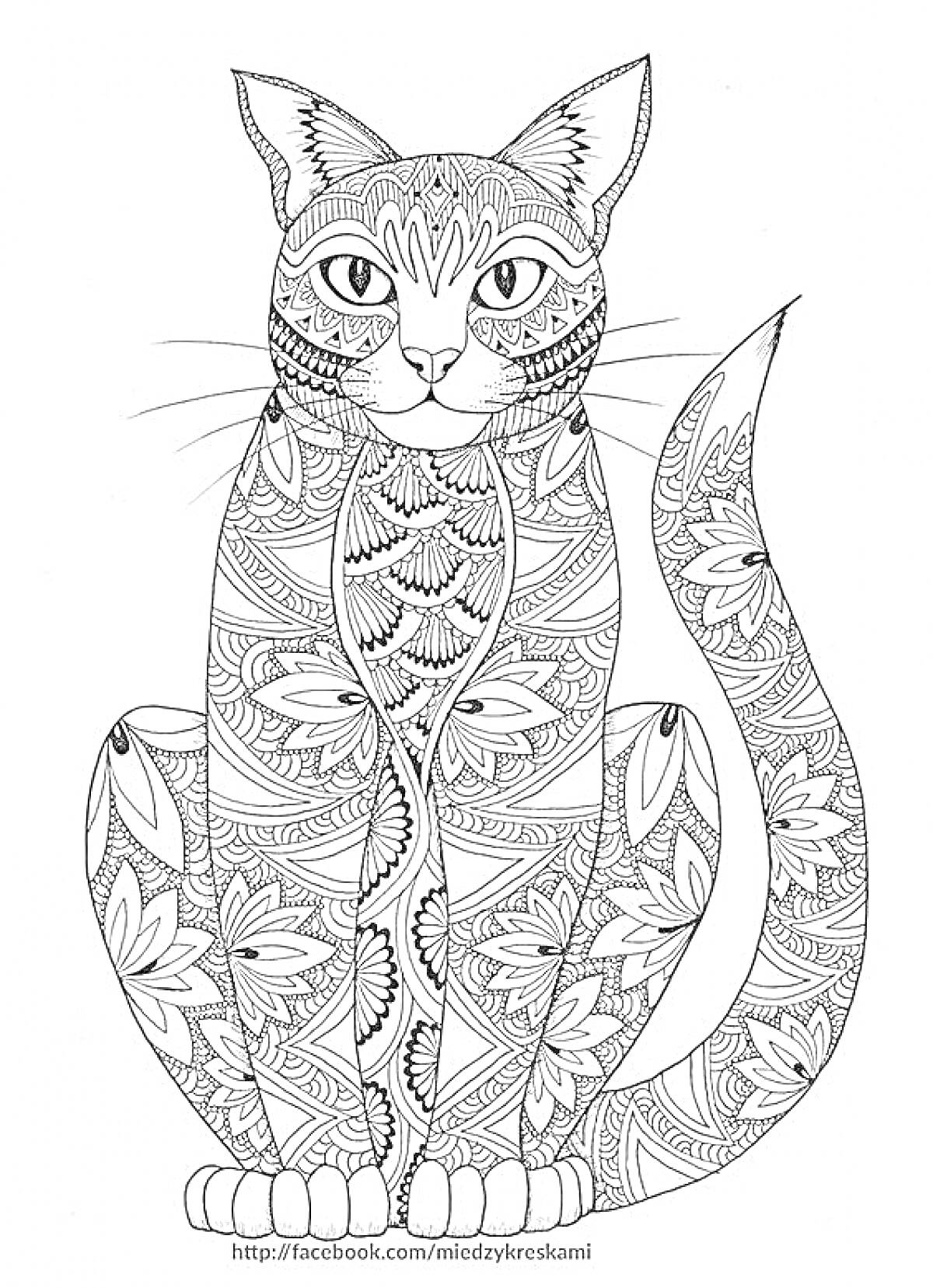 Раскраска Кот с узорчатым телом, различные цветочные и абстрактные узоры на всем теле