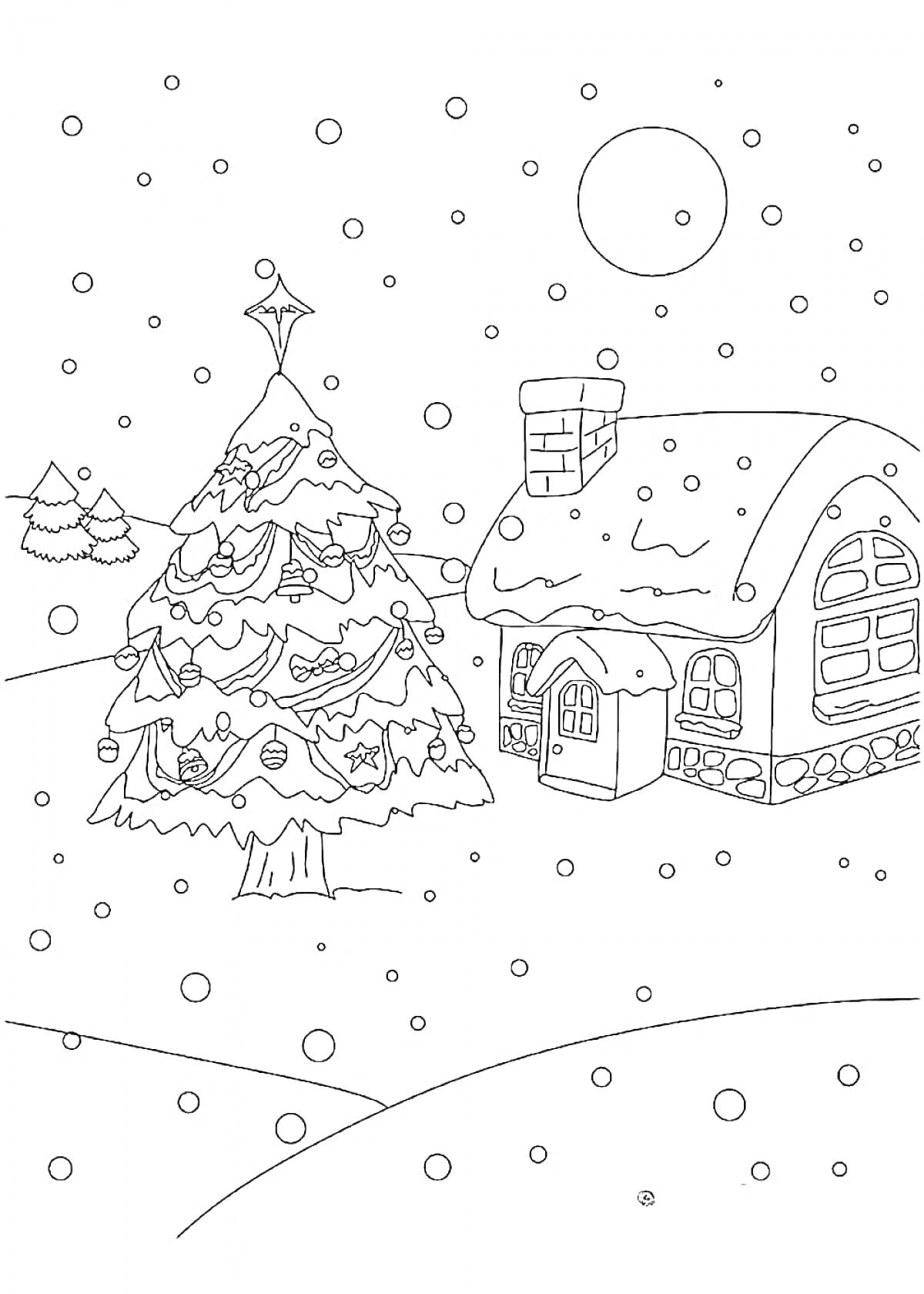 На раскраске изображено: Зима, Снег, Домик, Новогодние украшения, Деревья, Ночь, Для детей