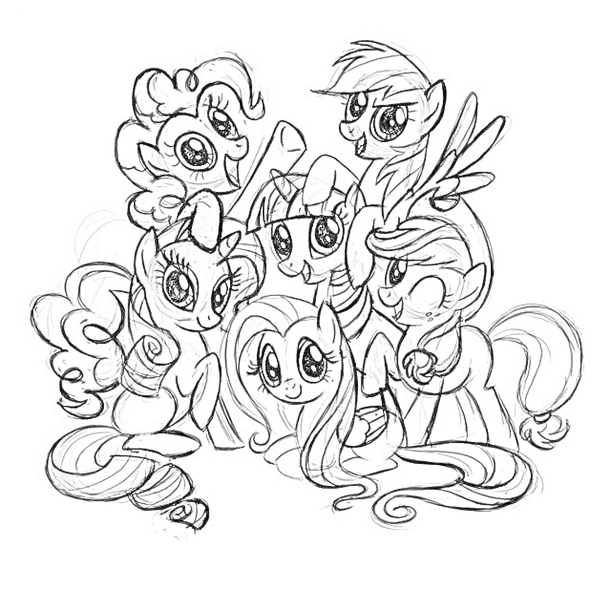 На раскраске изображено: Май литл пони, Шесть пони, Дружба, Пони с крыльями