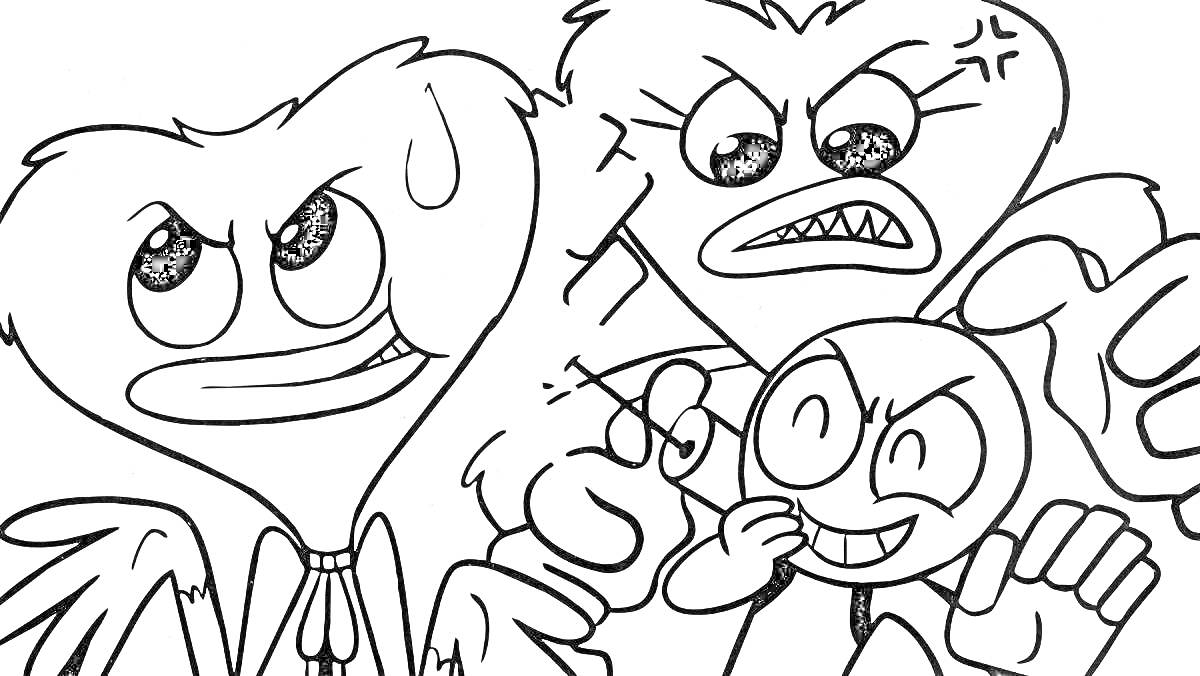 Раскраска иллюстрация с тремя персонажами из Poppy Playtime, с разными выражениями лиц, размерами и позами
