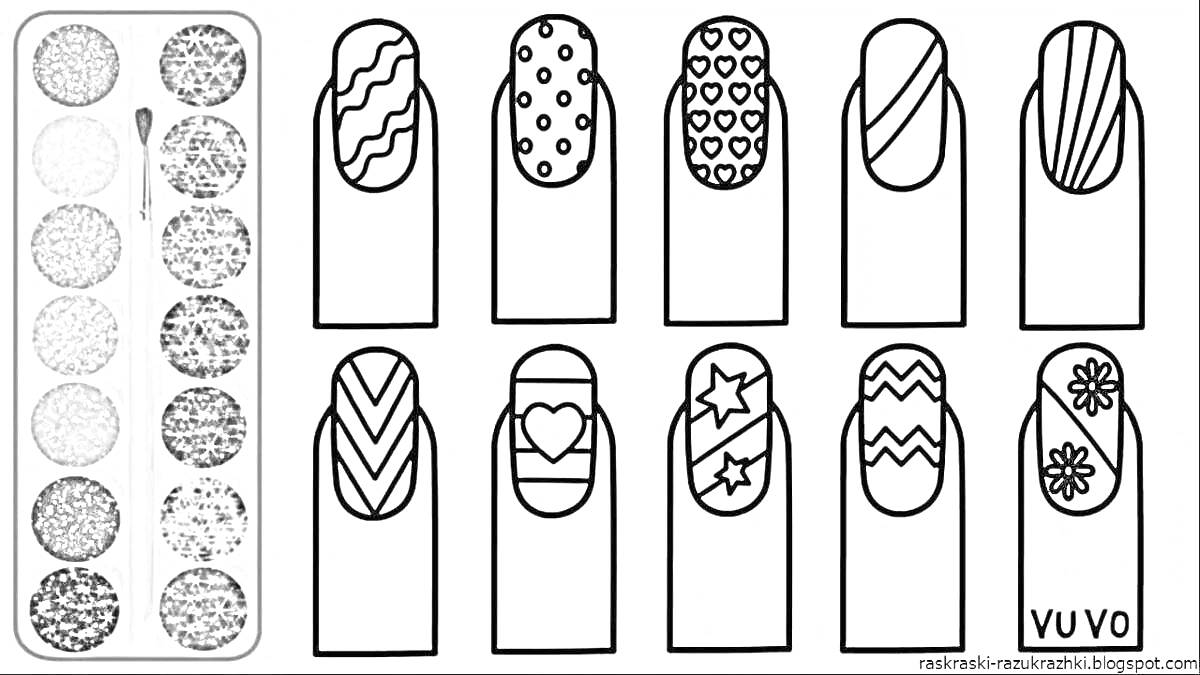 Раскраска Набор для раскраски ногтей для девочек с разными узорами (кайма, волны, точки, сердечки, полосы, зигзаги, звезды, цветы) и палитра блесток.