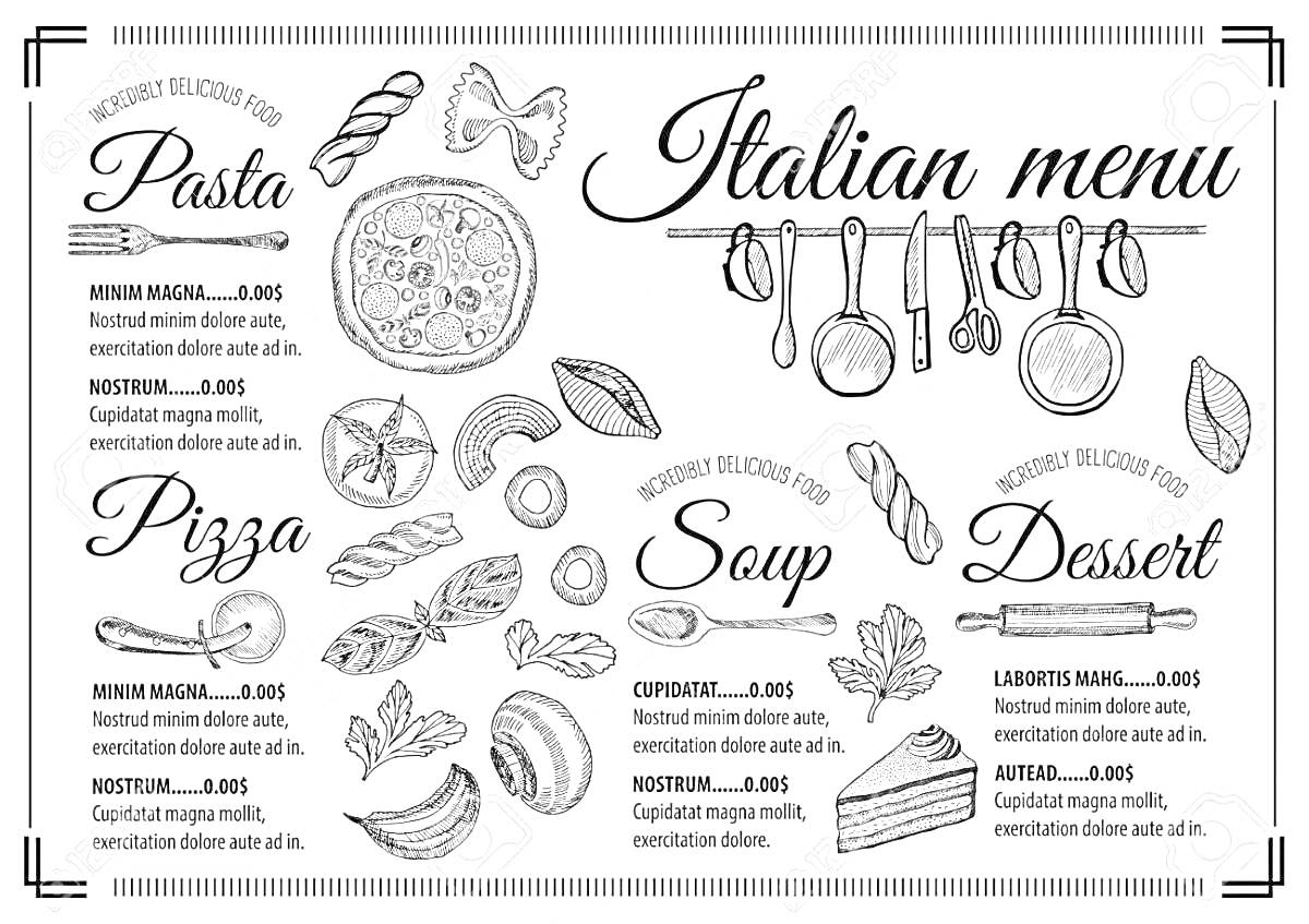 Italian menu (Pasta, Pizza, Soup, Dessert), макароны, пицца, суп, десерт, ингредиенты, кухонные приборы