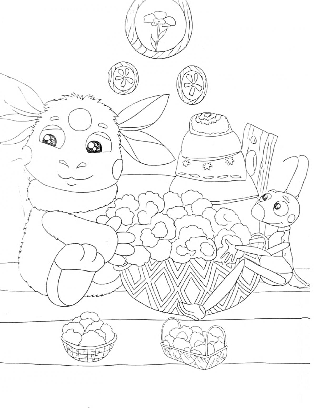 Раскраска Лунтик и кузнечик за приготовлением еды, в большой корзине цветочная капуста, на столе маленькие корзинки с цветочной капустой, на заднем плане картина с цветком, два круглых декора с цветами, и горшок под стеной