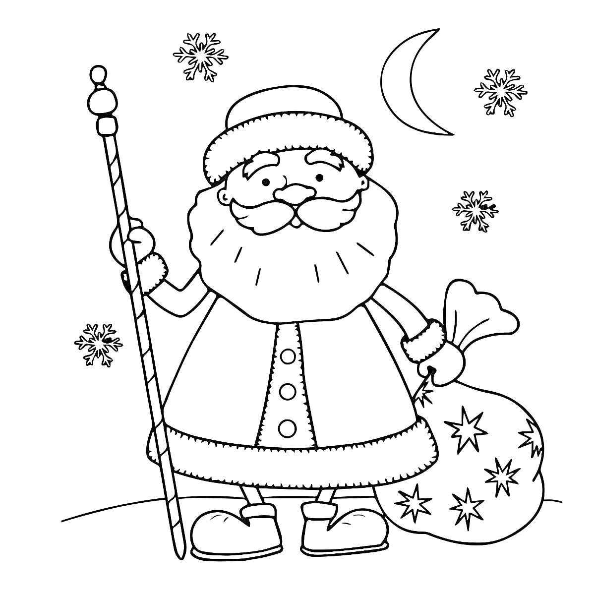 На раскраске изображено: Дед Мороз, Луна, Снежинки, Рождество, Праздники, Мешок с подарками, Посохи