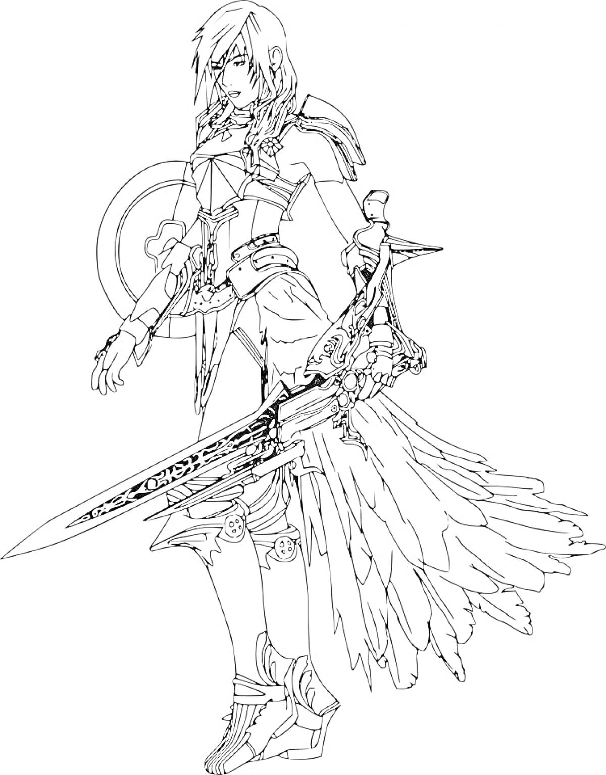 Раскраска Персонаж Gacha Life с длинными волосами, в боевом костюме с доспехами, щитом, мечами и перьями на юбке
