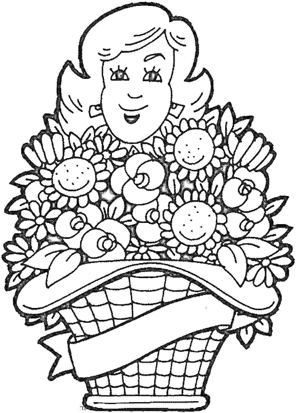 Раскраска Женщина с прической и серьгами за корзиной цветов с лентой