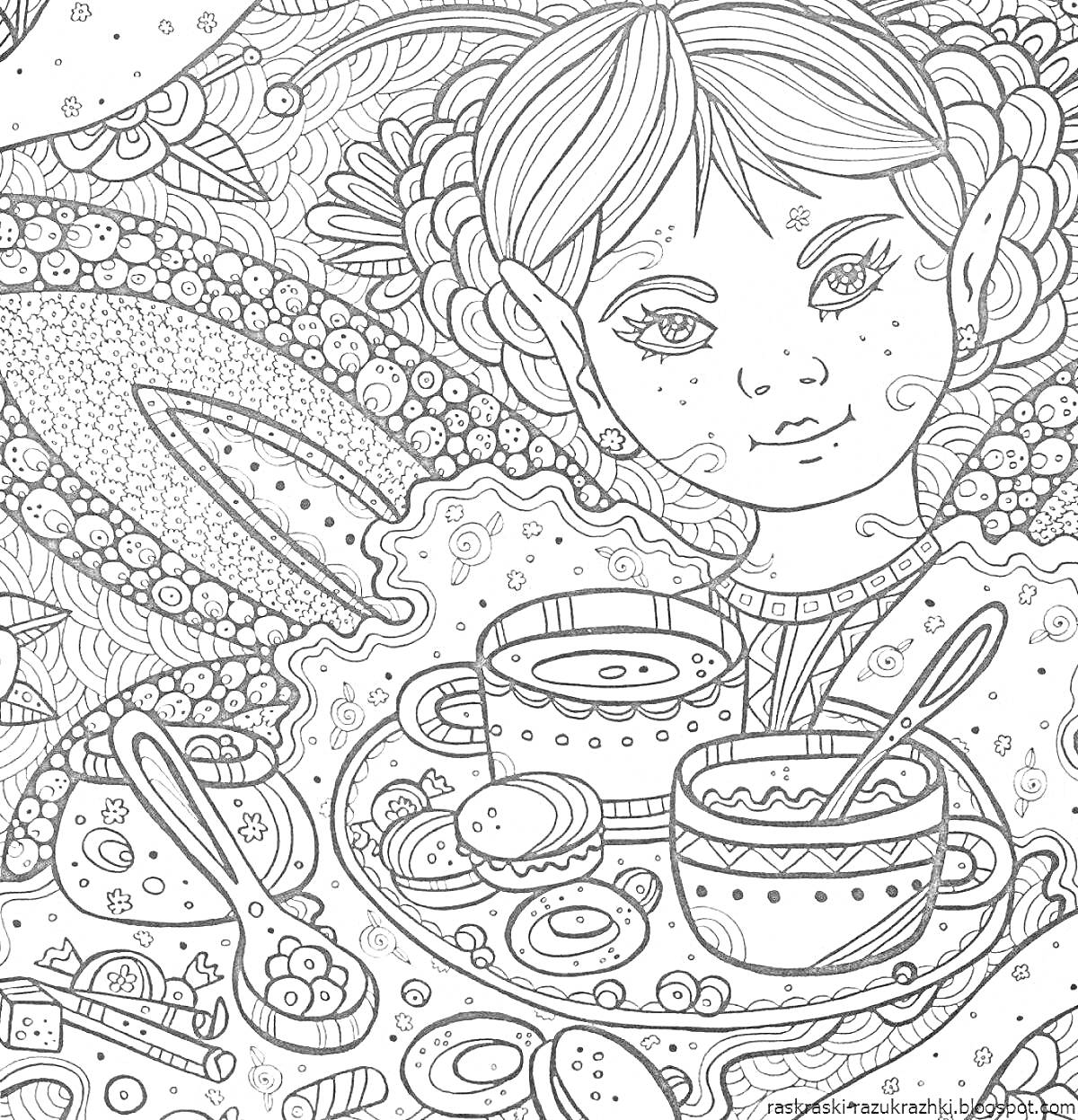 Раскраска Девочка в окружении фантастических элементов с посудой и сладостями