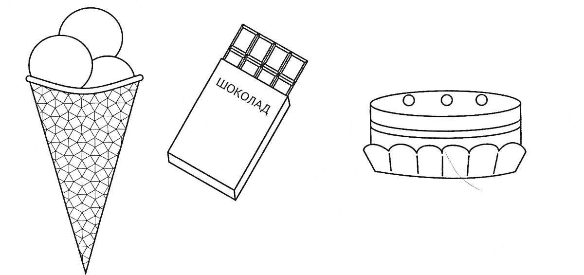На раскраске изображено: Сладости, Мороженое, Вафельный рожок, Шоколад, Плитка шоколада, Пирожное, Крем, Вишня