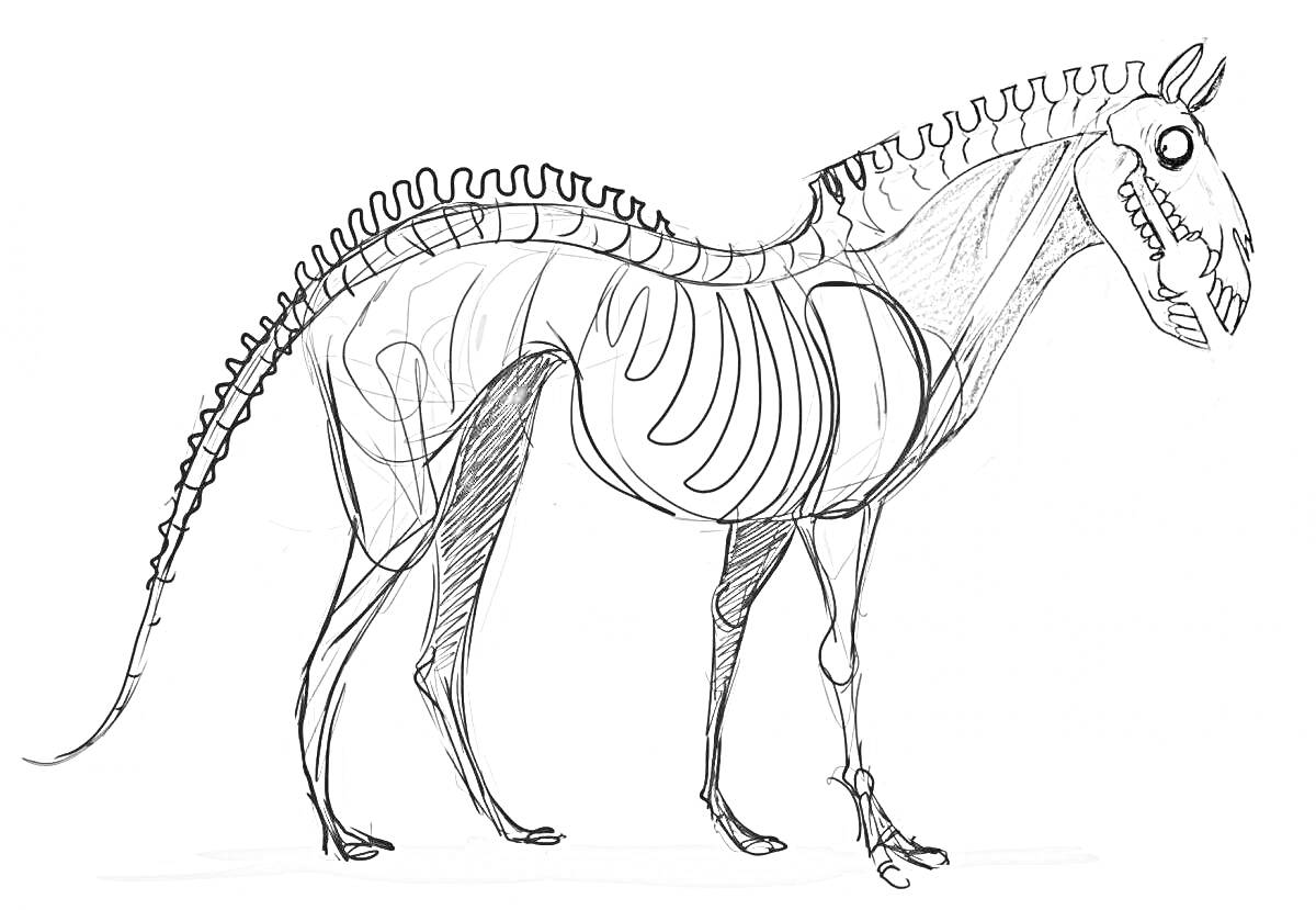 Раскраска Искусство черно-белой линии длинного скелета лошади монстра с телом и головой лошади