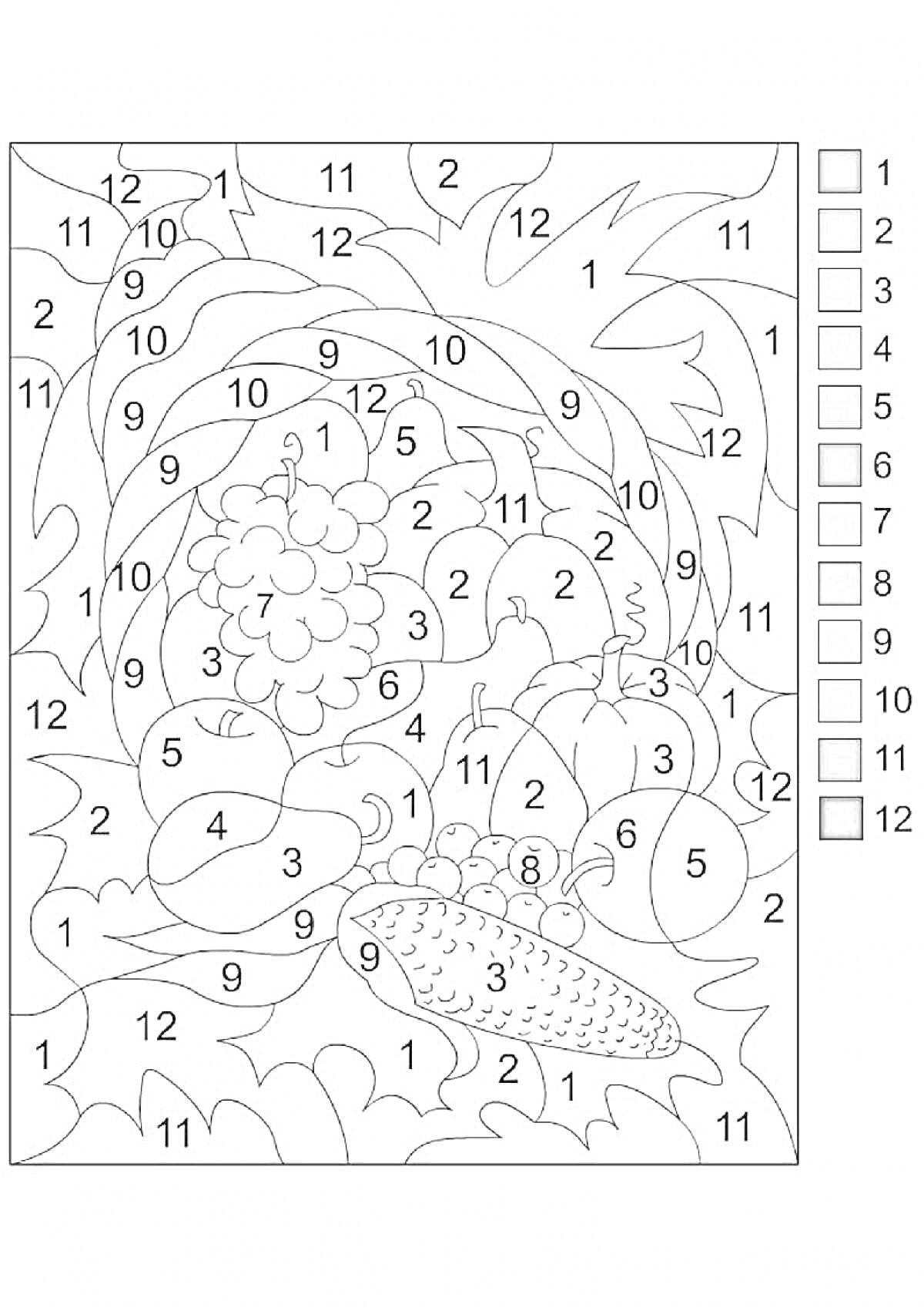 Раскраска Фрукты и листья по номерам