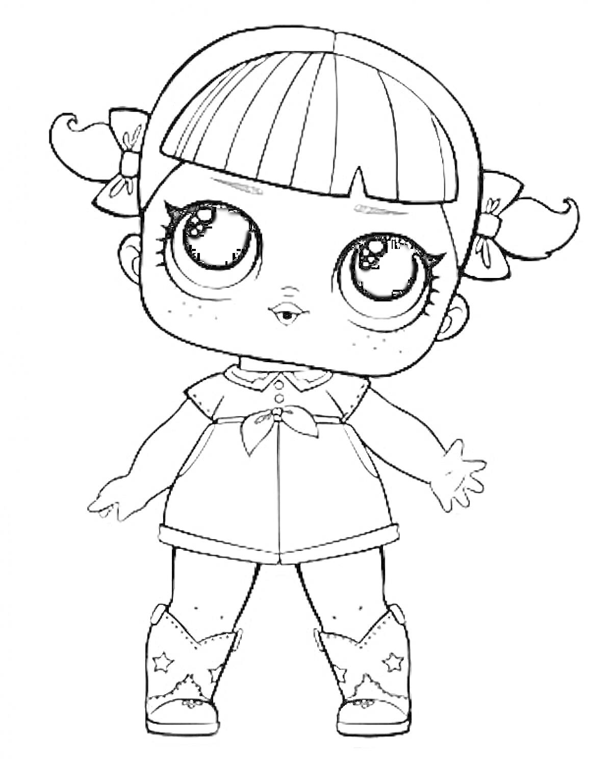 Раскраска Кукла Лол с косичками, в коротком платье и сапогах с украшениями в виде звезд