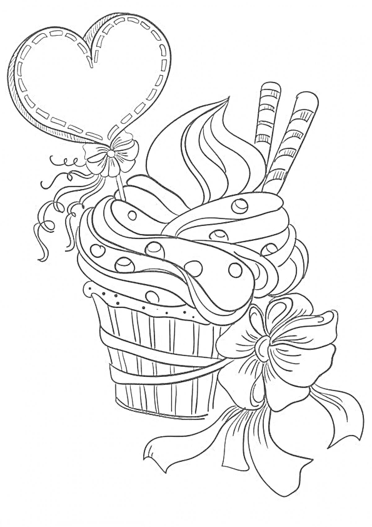 Раскраска Кекс с глазурью, леденец-сердце, воздушные шарики и бантик