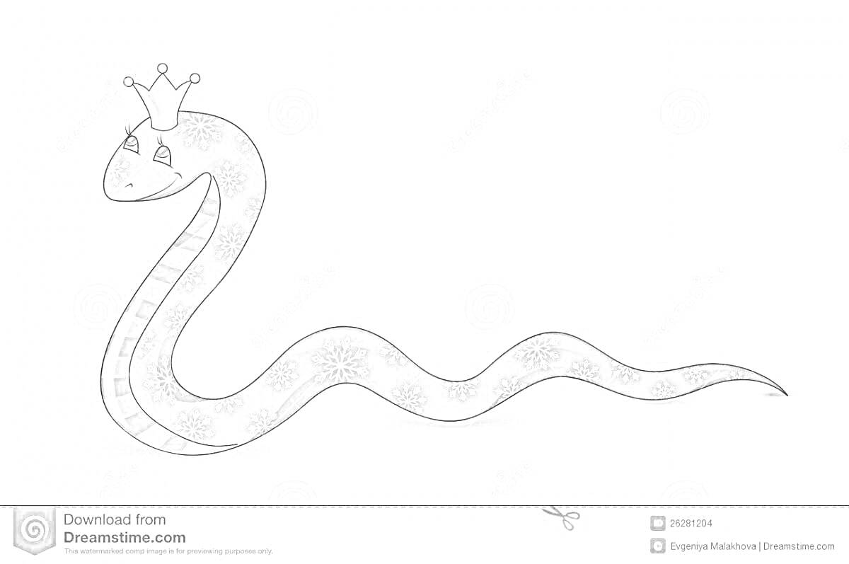 Раскраска Змейка в короне с узорами в виде цветов