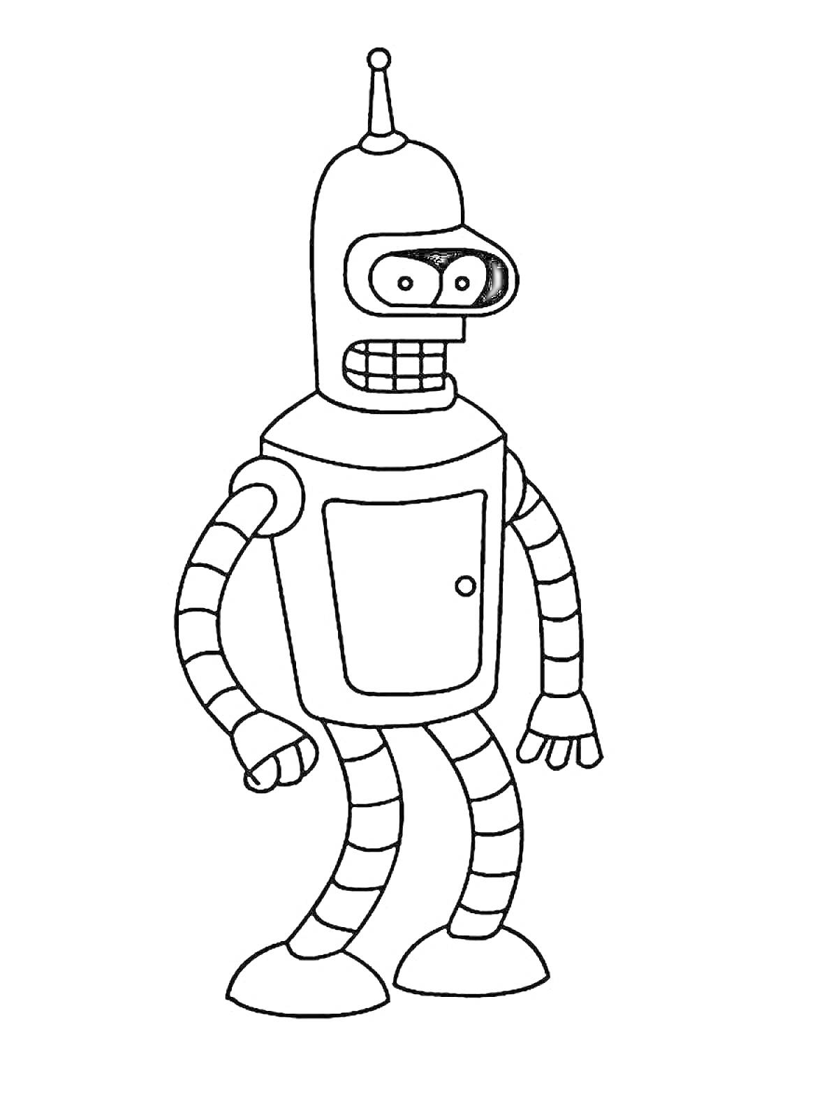 Раскраска робота с антеннами, крючковатым носом, дверцей на туловище, согнутыми руками и ногами