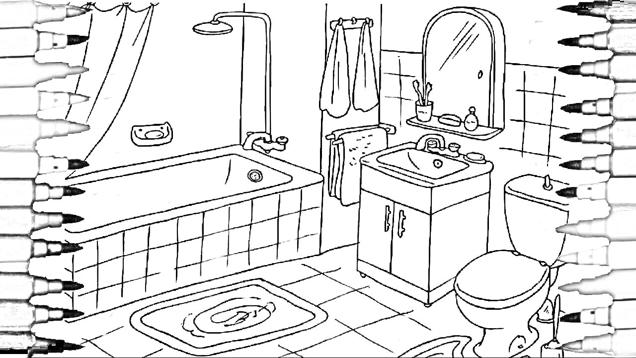 На раскраске изображено: Ванная комната, Ванна, Раковина, Зеркало, Унитаз, Полотенце, Кран, Сантехника