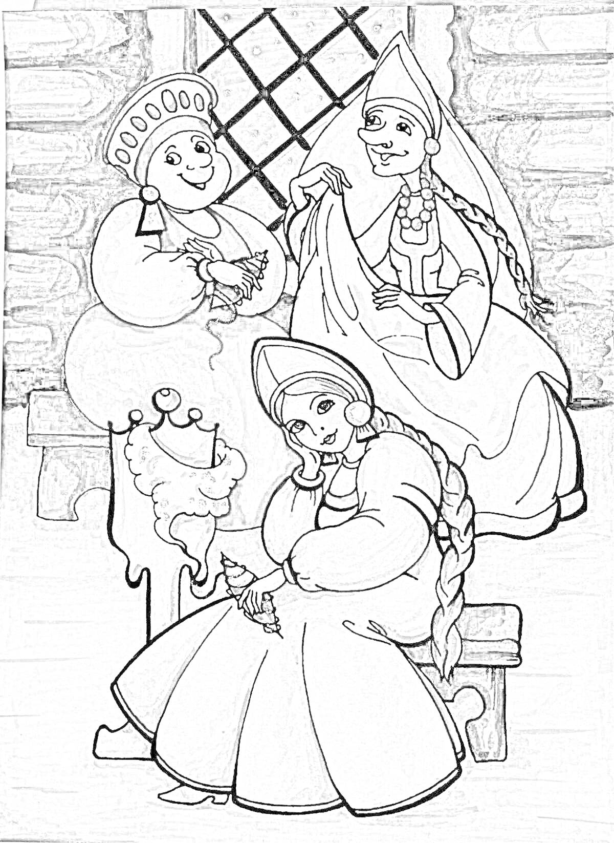 На раскраске изображено: Три девицы, Традиционная одежда, Русская изба, Деревянный дом
