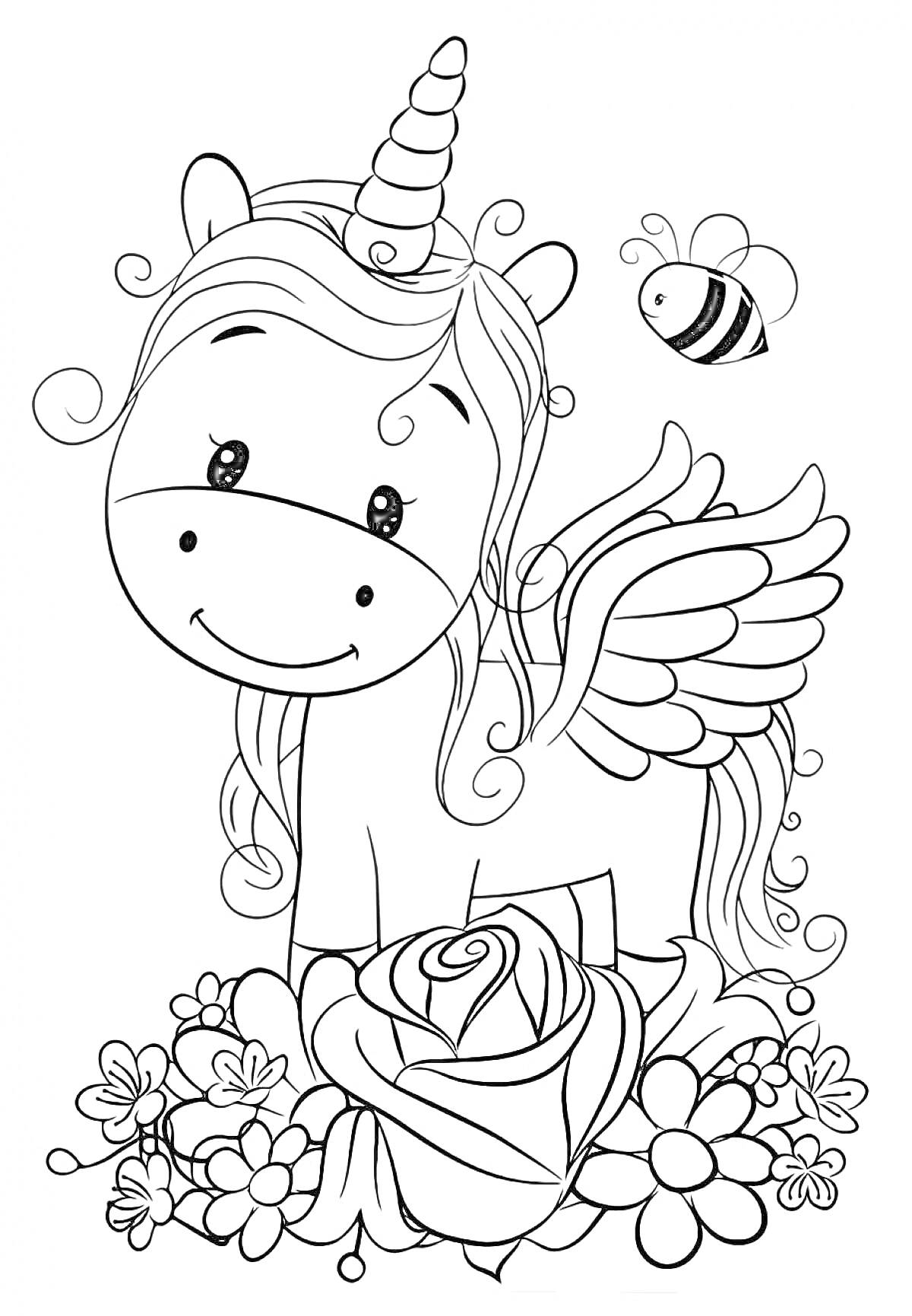 Раскраска Единорог с кудрявой гривой, крыльями, пчелой и цветами