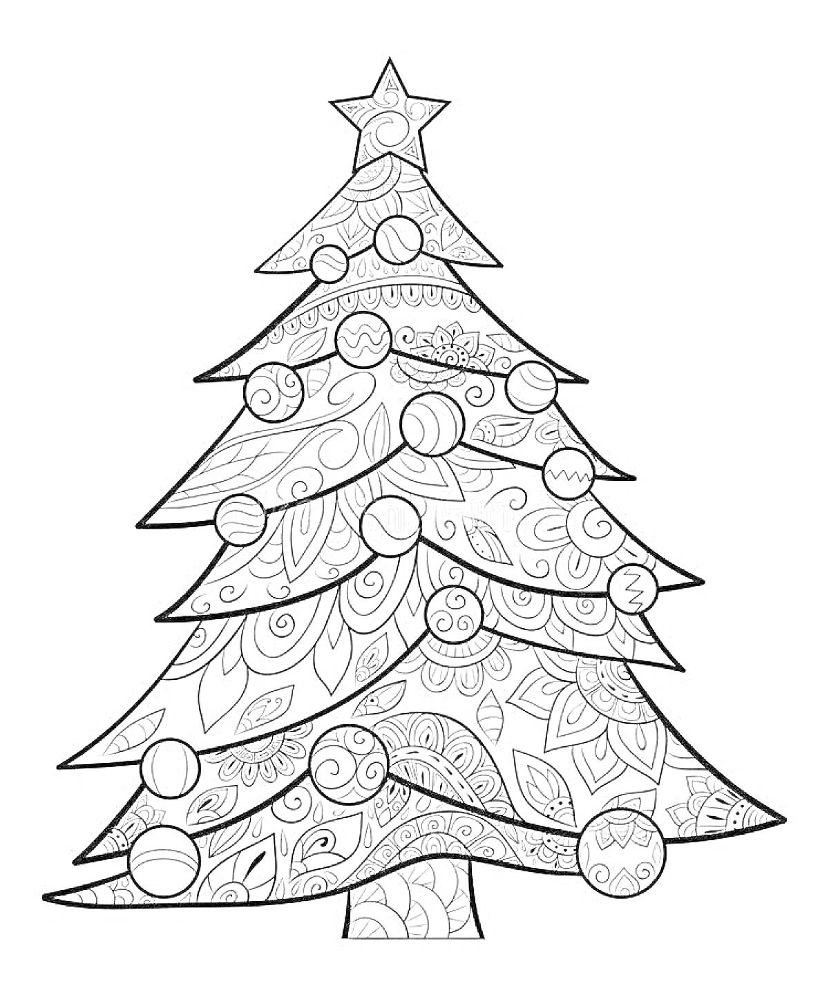 Раскраска Рождественская елка с шарами, звездой на верхушке и узорными ветвями