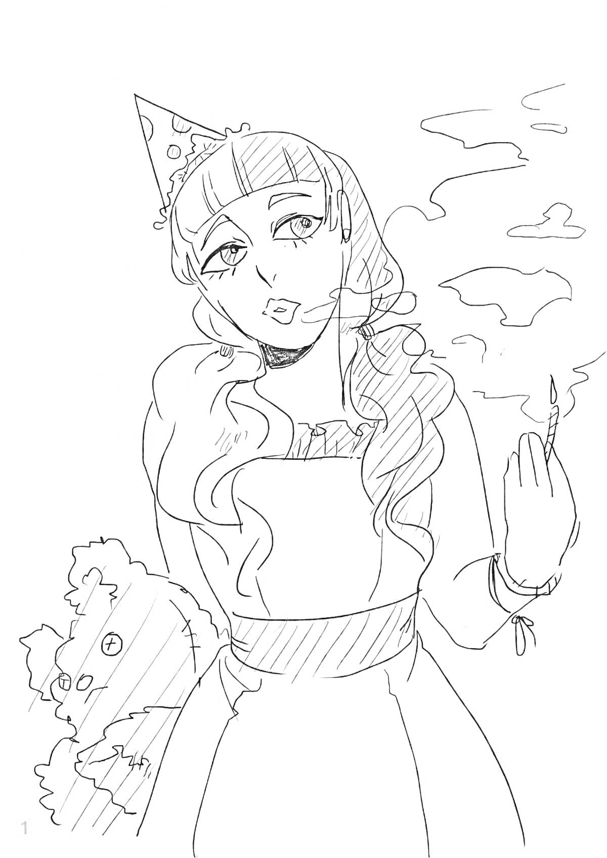 Раскраска Девушка в праздничном колпаке с медведем и сигаретой