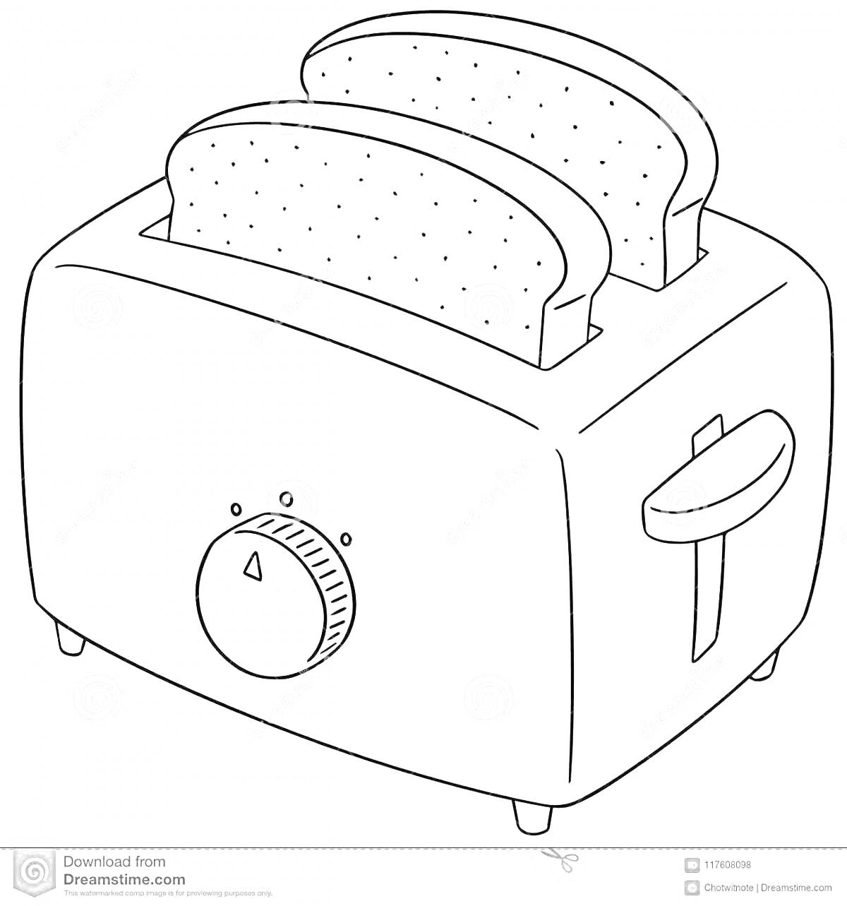 Раскраска тостер с двумя ломтиками хлеба и элементами управления (регулятор и рычаг)