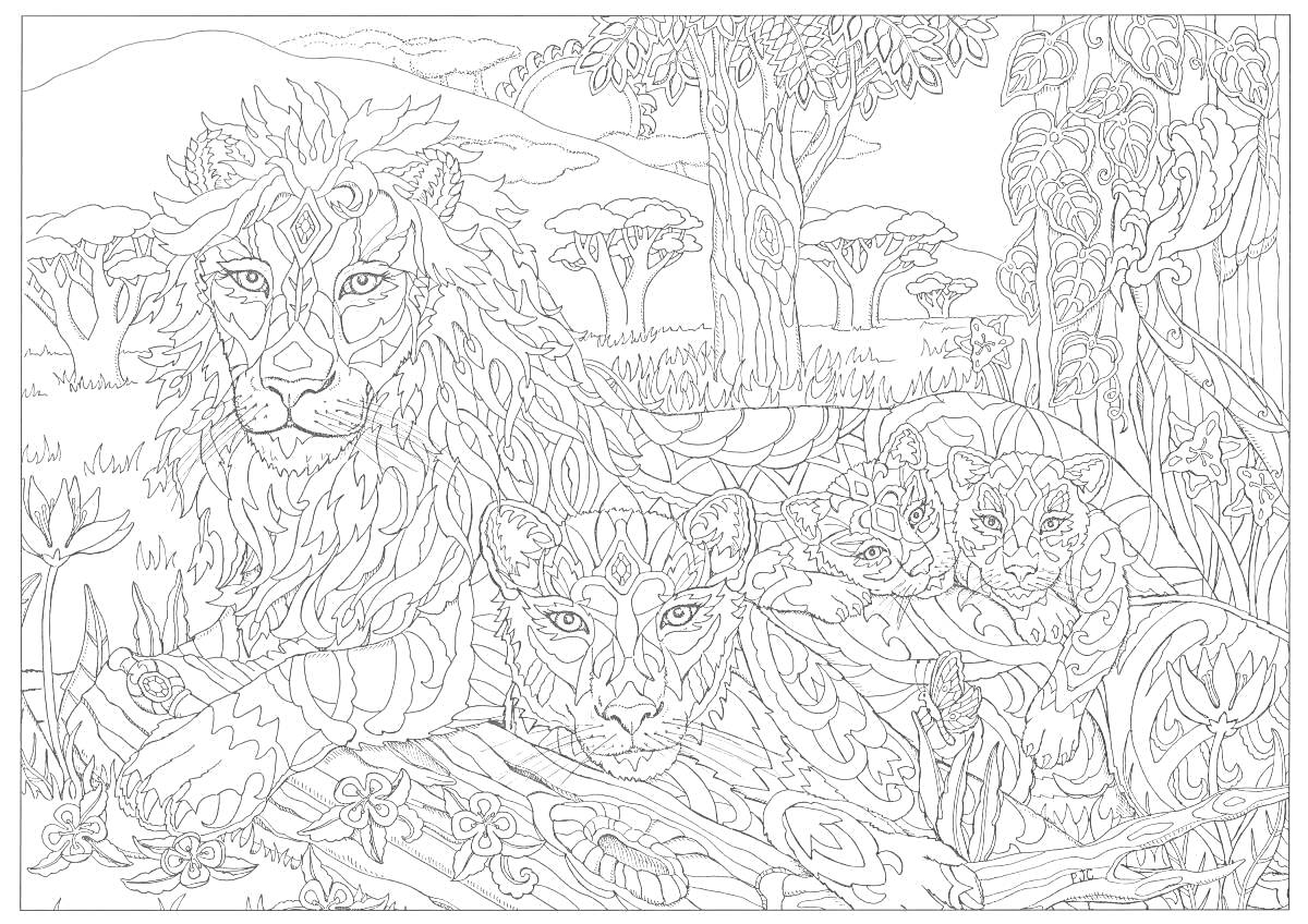 На раскраске изображено: Джунгли, Антистресс, Лев, Львята, Природа, Узоры