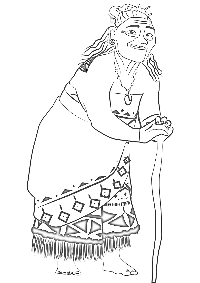 На раскраске изображено: Моана, Пожилая женщина, Трость, Традиционная одежда, Из мультфильмов