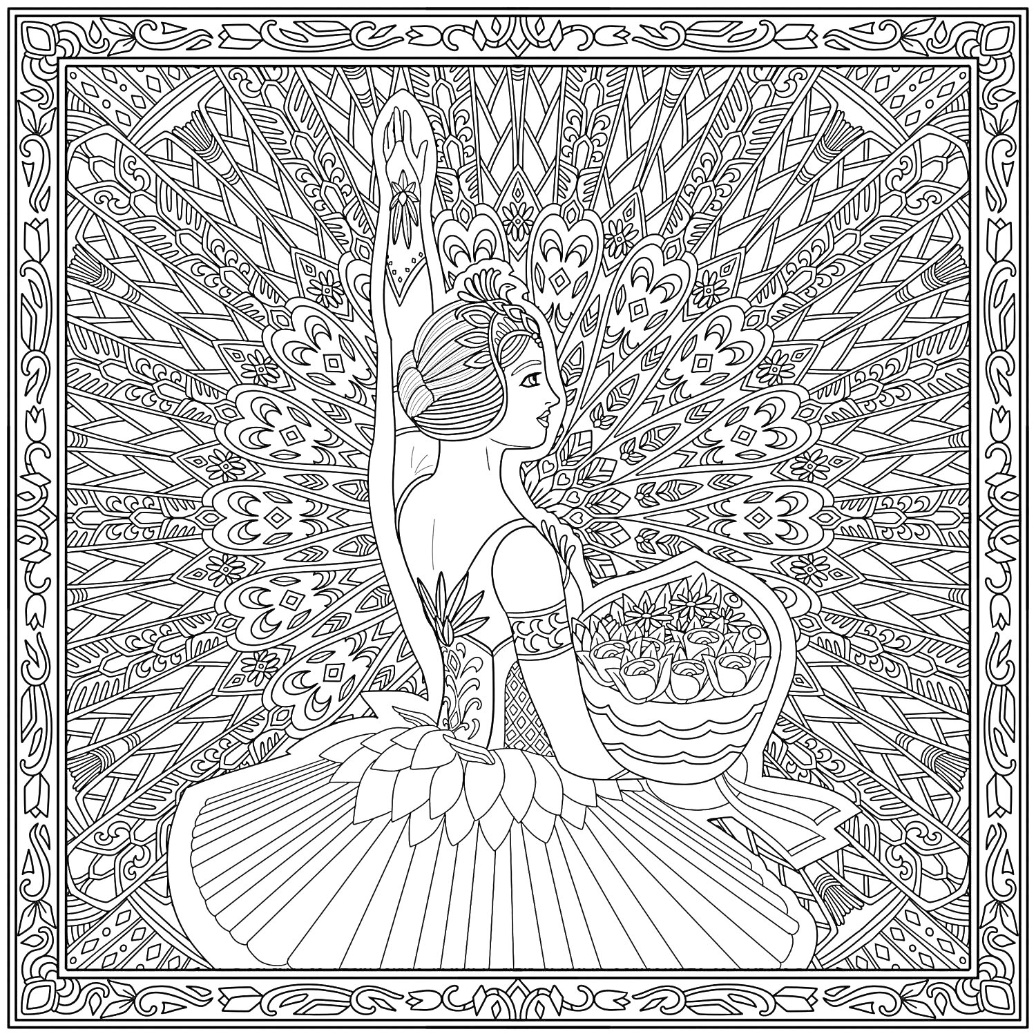 Раскраска Балерина с корзиной на фоне сложного узора