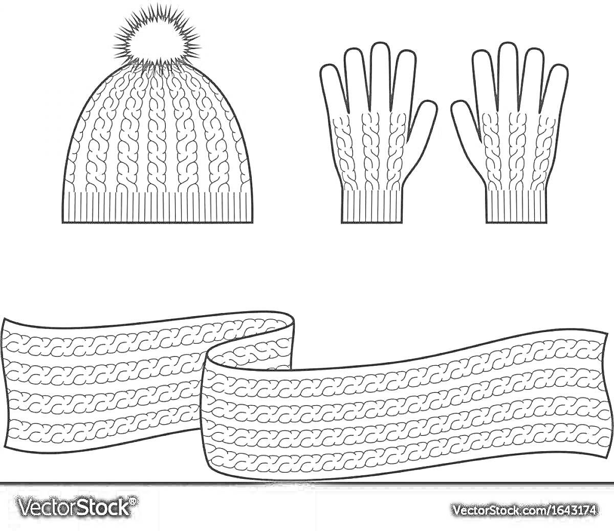 Раскраска Шарфик, шапка и перчатки с узором