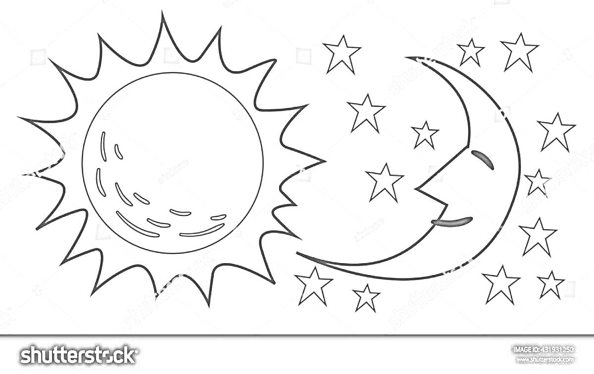 На раскраске изображено: Солнце, Полумесяц, Звезды, Ночь, День, Космос, Астронавтика