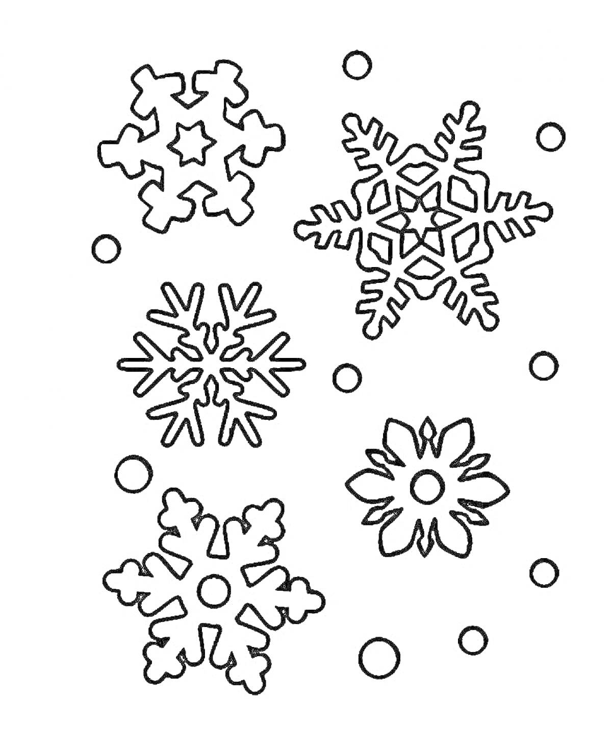 Раскраска Раскраска для детей с пятью снежинками и кругами