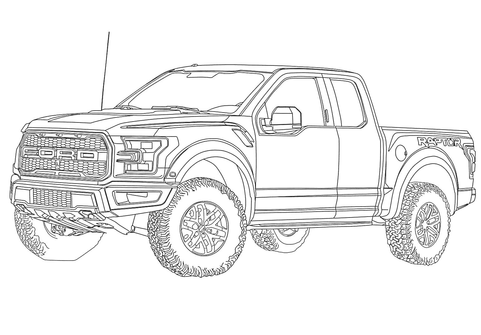 Раскраска Ford Raptor, внедорожник с крупными колесами и передними фарами